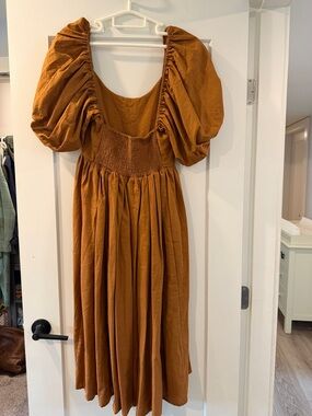ELF Rust Puff-Sleeve Midi Dress